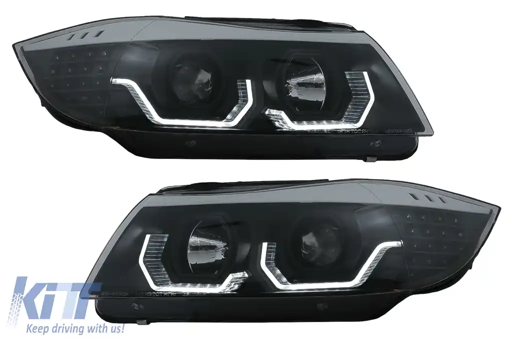 Faruri 3D LED Angel Eyes compatibil cu BMW Seria 3 Limousine E90 Touring E91 (03.2005-08.2008) LHD Negru