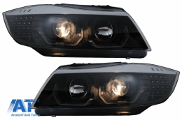 Faruri 3D LED Angel Eyes compatibil cu BMW Seria 3 Limousine E90 Touring E91 (03.2005-08.2008) LHD Negru-image-6078892