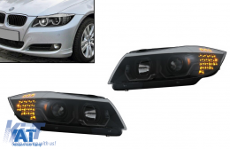 Faruri 3D LED Angel Eyes compatibil cu BMW Seria 3 Limousine E90 Touring E91 (03.2005-08.2008) LHD Negru-image-6088238