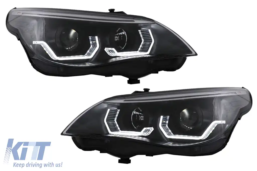Faruri 3D LED Angel Eyes compatibil cu BMW Seria 5 E60 E61 (2003-2007) LCI Design Negru