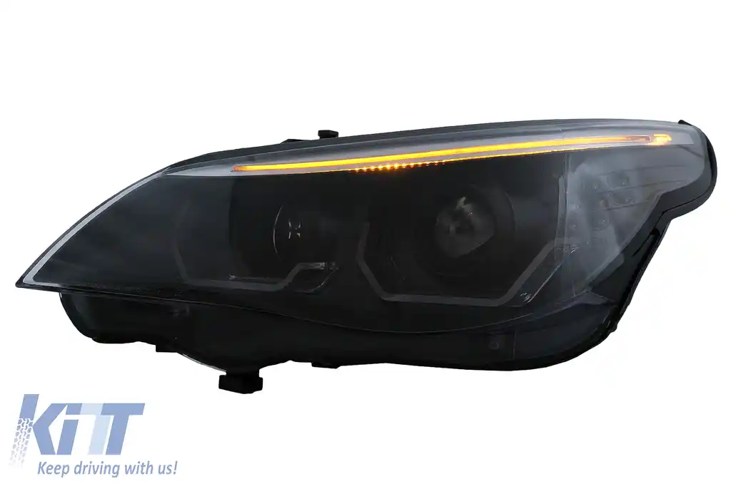 Faruri 3D LED Angel Eyes compatibil cu BMW Seria 5 E60 E61 (2003-2007) LCI Design Negru-image-6103722