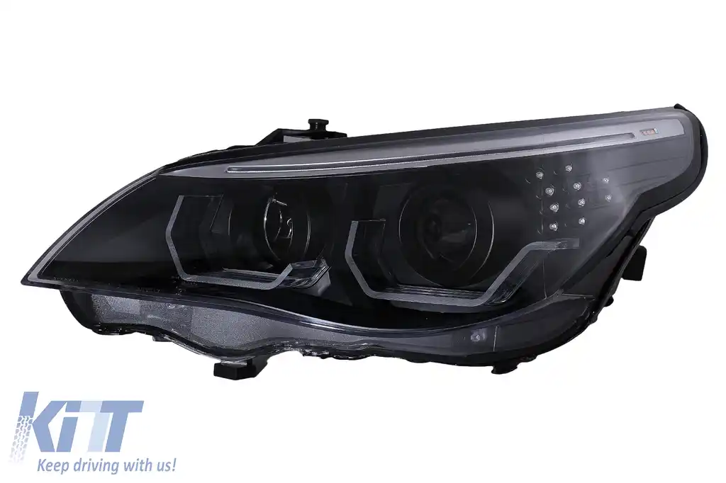 Faruri 3D LED Angel Eyes compatibil cu BMW Seria 5 E60 E61 (2003-2007) LCI Design Negru-image-6103727