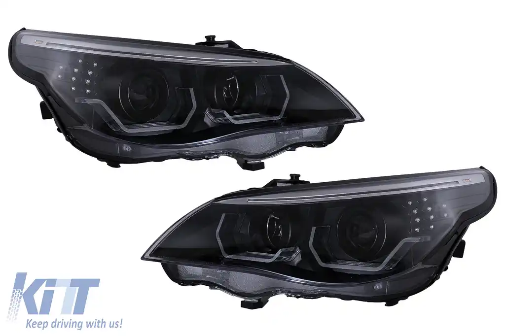 Faruri 3D LED Angel Eyes compatibil cu BMW Seria 5 E60 E61 (2003-2007) LCI Design Negru-image-6103728