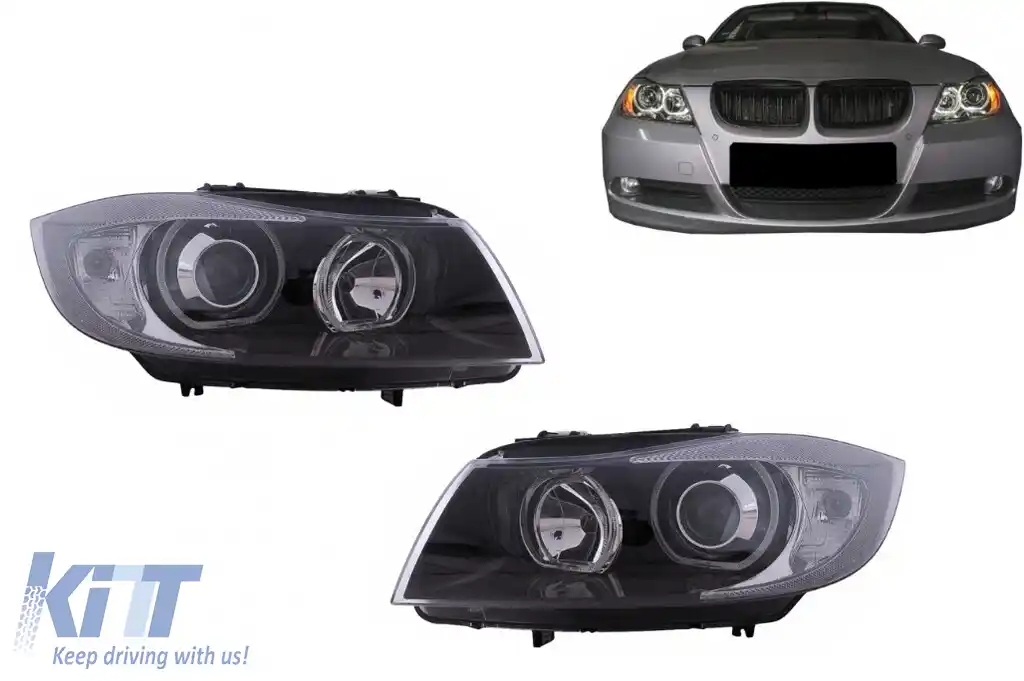 Faruri Angel Eyes compatibil cu BMW Seria 3 E90 Sedan E91 Touring (03.2005-2011) Negru-image-6118913