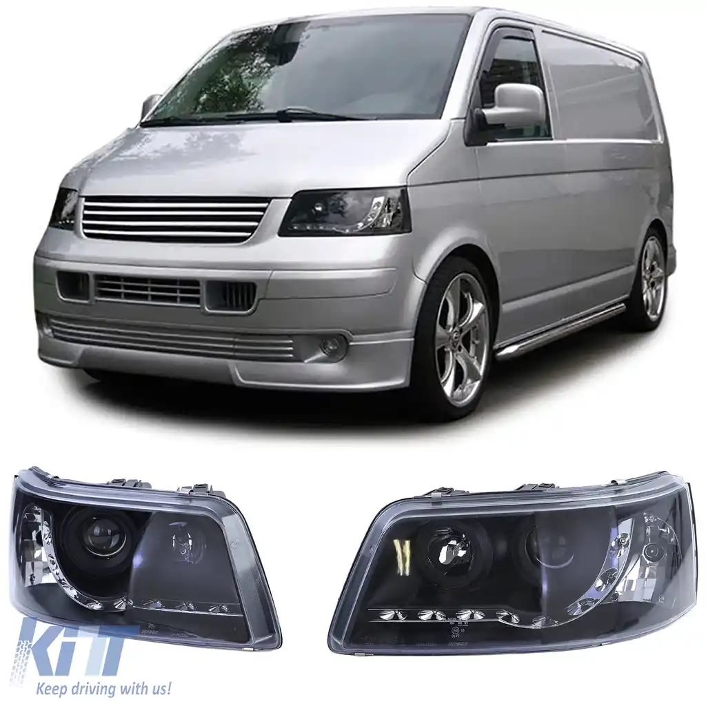 Faruri cu lumini de zi LED, aspect negru, potrivite pentru VW Transporter Bus T5 03-09