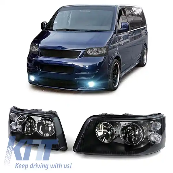 Faruri cu sticlă clară H7 H1 negre cu motor LWR, pereche, potrivite pentru VW Bus T5 03-09