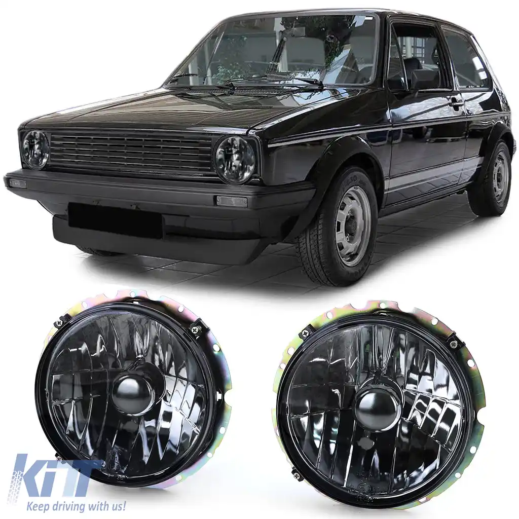 Faruri din sticlă clare cu fum negru H4, pereche, potrivite pentru VW Golf 1 + Cabrio 74-83