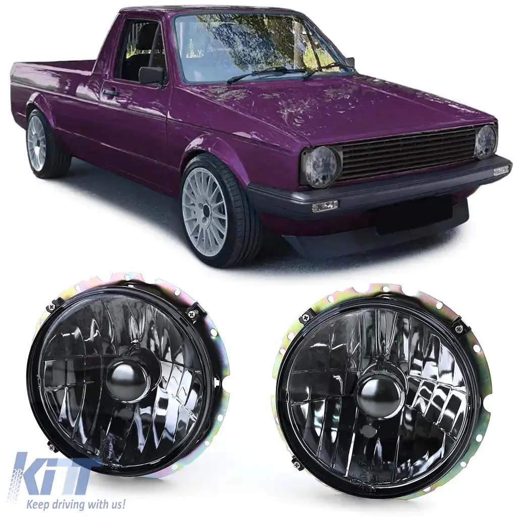 Faruri din sticlă clare cu fum negru H4, pereche, potrivite pentru VW Caddy I 82-92 + Jetta I 79-84
