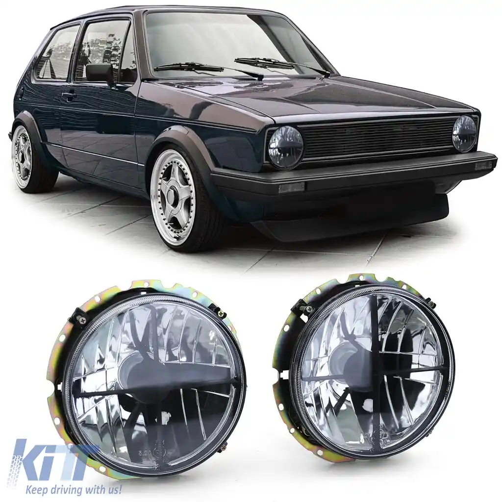 Faruri din sticlă clare cu fum negru și țintă pentru VW Golf 1 + Cabrio 74-83