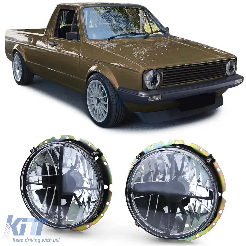 Faruri din sticlă clare, negre, cu țintă pentru VW Caddy I 82-92 Jetta I 79-84