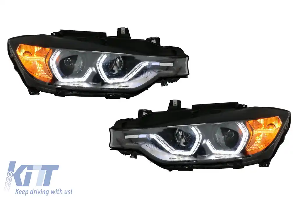Faruri Full Angel Eyes LED DRL compatibil cu BMW 3 Series F30 F31 Sedan Touring (10.2011-05.2015) Negre