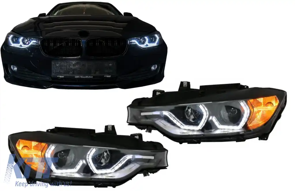 Faruri Full Angel Eyes LED DRL compatibil cu BMW 3 Series F30 F31 Sedan Touring (10.2011-05.2015) Negre