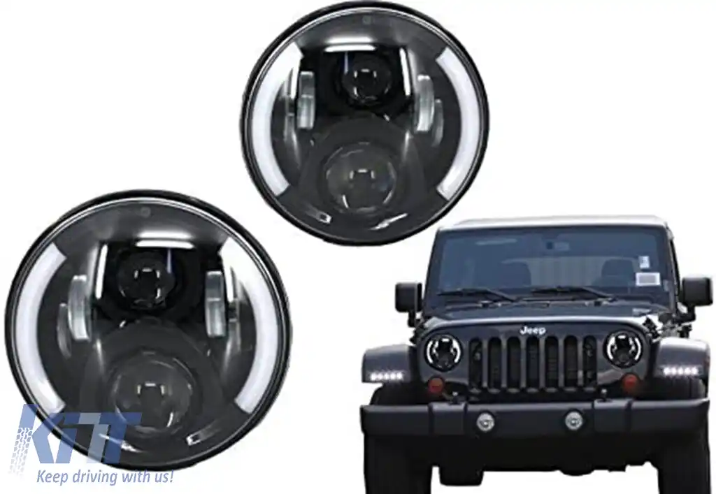 Faruri Full LED CREE compatibil cu Jeep Wrangler JK (2007-2017) Mercedes G-Class W463 (1989-2017) Land Rover Defender Negru-image-6107160