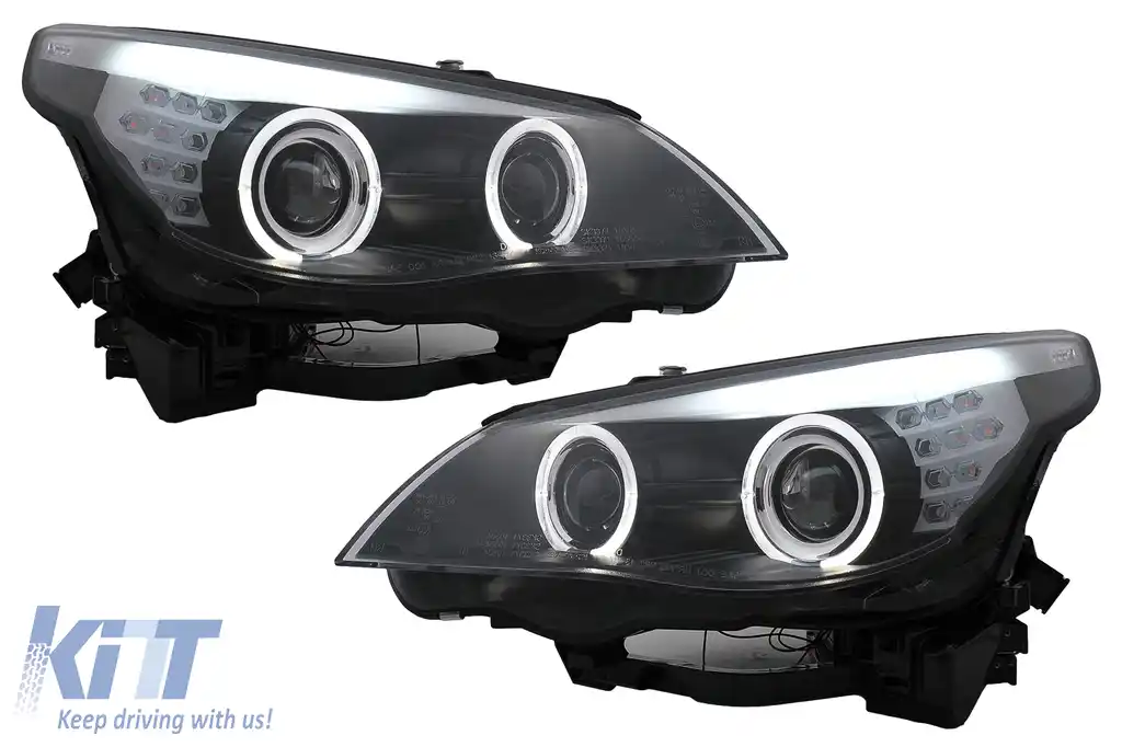Faruri LED Angel Eyes compatibil cu BMW Seria 5 E60 E61 (2003-2007) LCI Design Negru