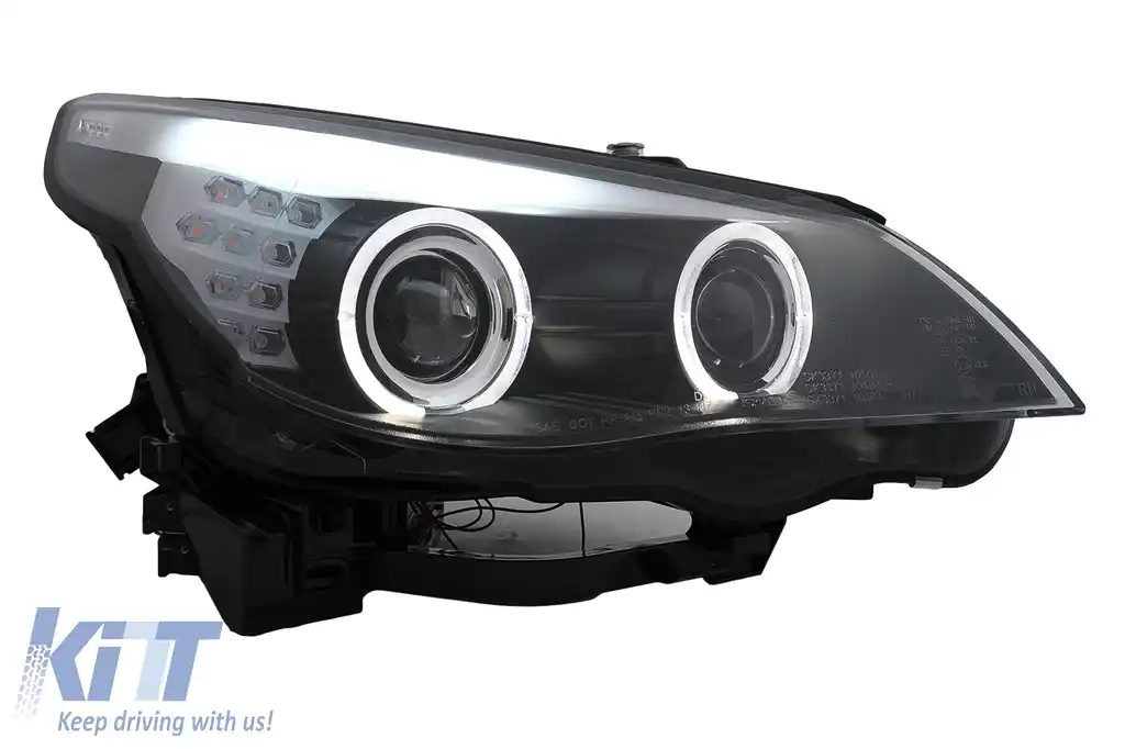Faruri LED Angel Eyes compatibil cu BMW Seria 5 E60 E61 (2003-2007) LCI Design Negru-image-6101010