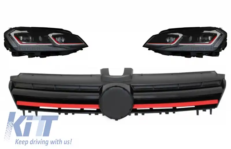 Faruri LED Bi-xenon Look compatibil cu VW Golf 7 VII (2012-2017) Facelift G7.5 GTI Design cu Semnal Dinamic si Grila Centrala