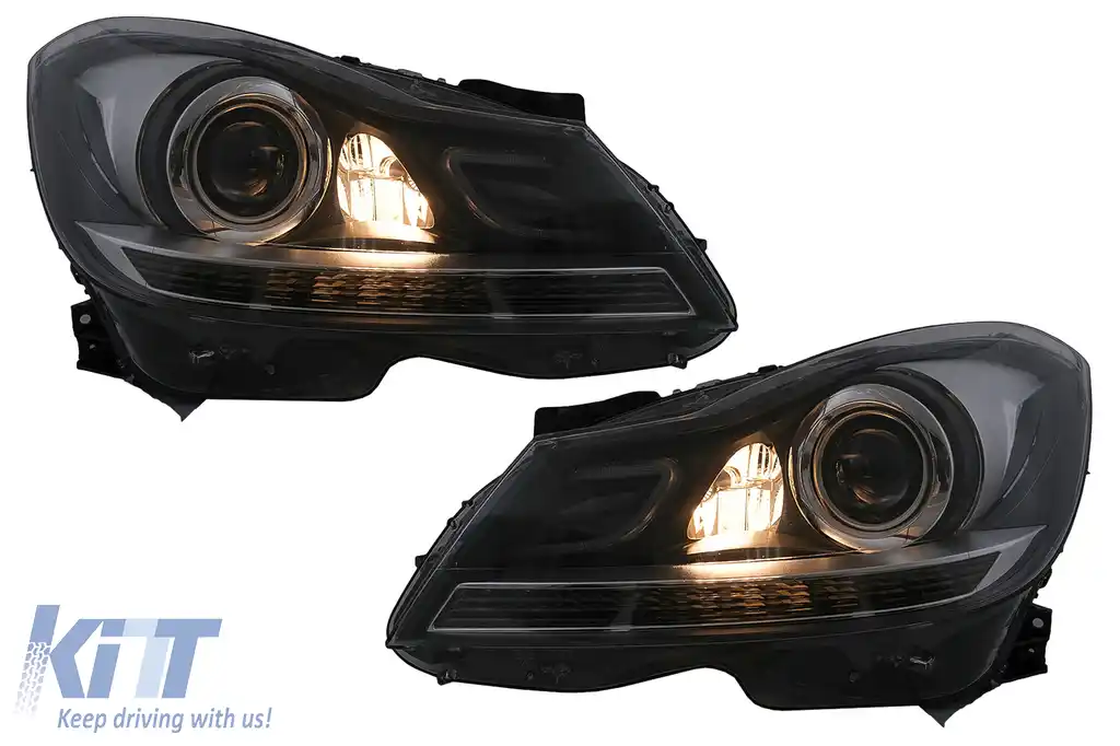 Faruri LED DRL compatibil cu Mercedes C-Class W204 S204 Facelift (2011-2014) Negru Semnal Dinamic-image-6100218