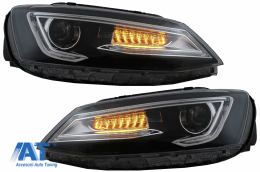Faruri LED DRL Dual Beam Lens compatibil cu VW Jetta Mk6 VI (2011-2017) RHD Bi-Xenon Design cu Semnal Dinamic Secvential Negru-image-6078941