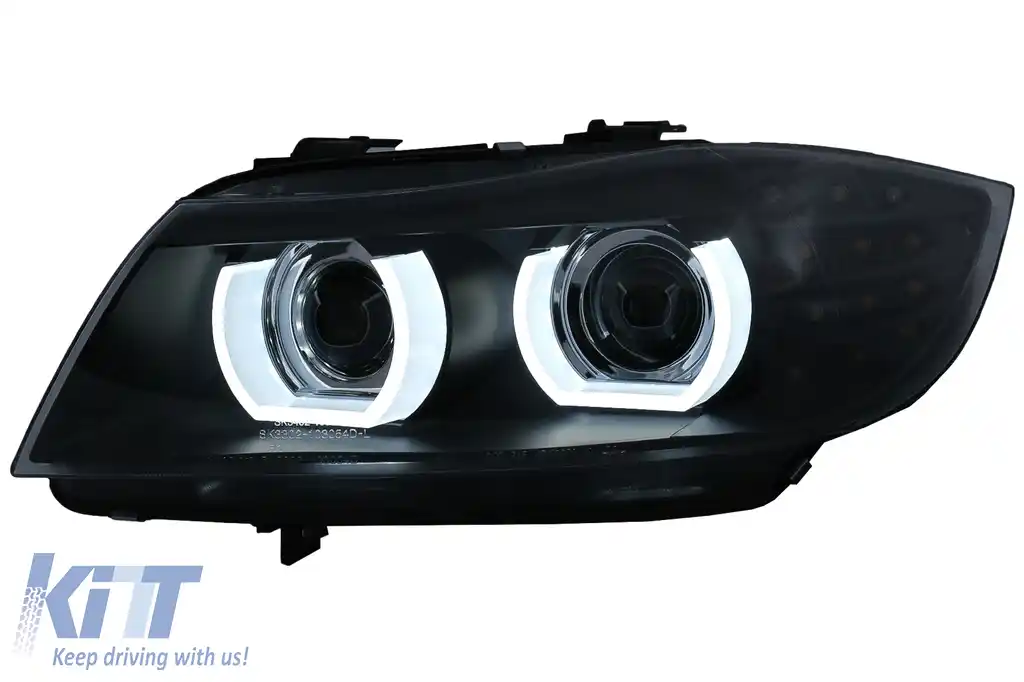 Faruri Xenon 3D Angel Eyes LED DRL compatibil cu BMW Seria 3 E90 E91 (2008-2011) Negru-image-6089260