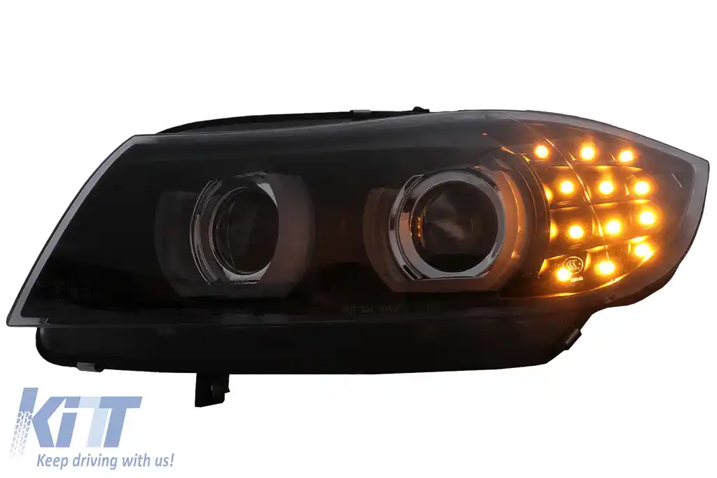 Faruri Xenon 3D Angel Eyes LED DRL compatibil cu BMW Seria 3 E90 E91 (2008-2011) Negru-image-6089266