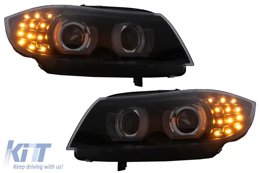 Faruri Xenon 3D Angel Eyes LED DRL compatibil cu BMW Seria 3 E90 E91 (2008-2011) Negru-image-6089267