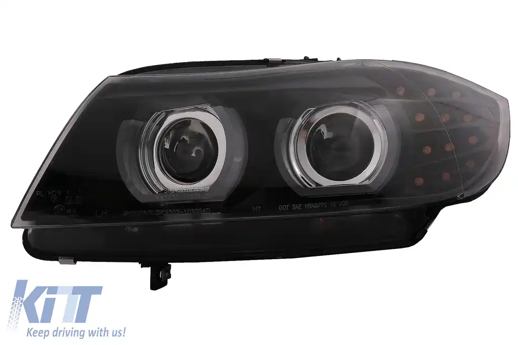 Faruri Xenon 3D Angel Eyes LED DRL compatibil cu BMW Seria 3 E90 E91 (2008-2011) Negru-image-6089271