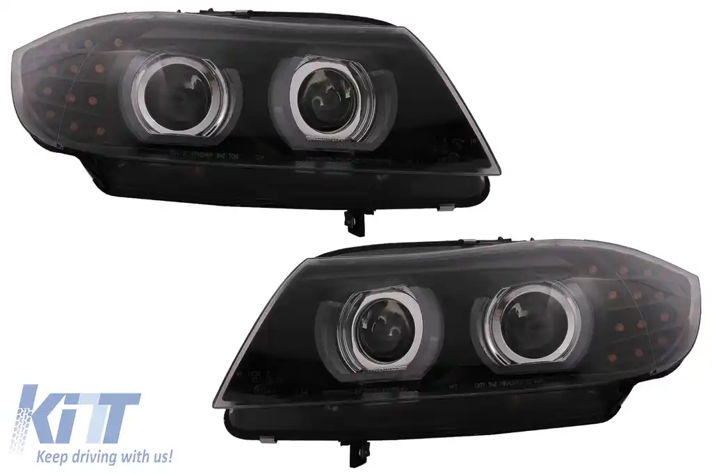 Faruri Xenon 3D Angel Eyes LED DRL compatibil cu BMW Seria 3 E90 E91 (2008-2011) Negru-image-6089272