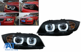 Faruri Xenon U-Led 3D Dual Halo Rims compatibil cu BMW Seria 3 E90 Limuzina E91 Touring (03.2005-08.2008) LHD Negru-image-6079717