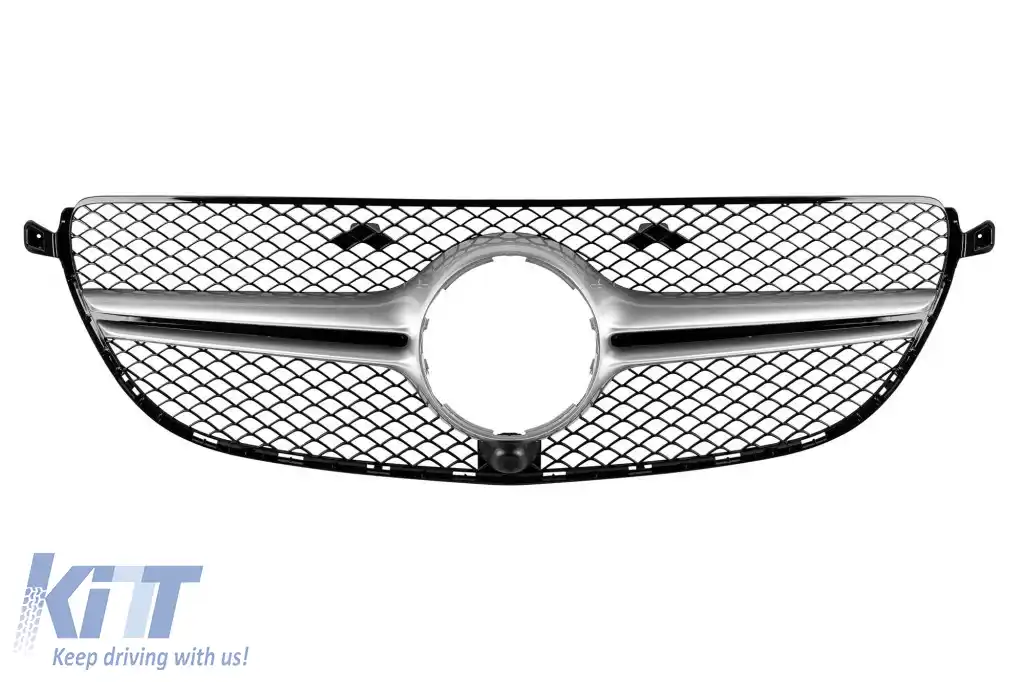 Grilă crom/gray potrivită pentru bara de protecție 63 A Design pe Mercedes GLE SUV W166, GLE Coupe C292 2015-2019 cu deschidere pentru cameră