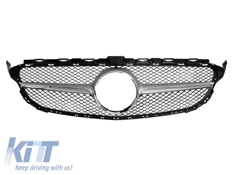 Grilă crom/gray tip C63 potrivită pentru Mercedes C-Class W205 sedan, S205 break, C205 coupe 2014-2018 fără deschidere pentru cameră