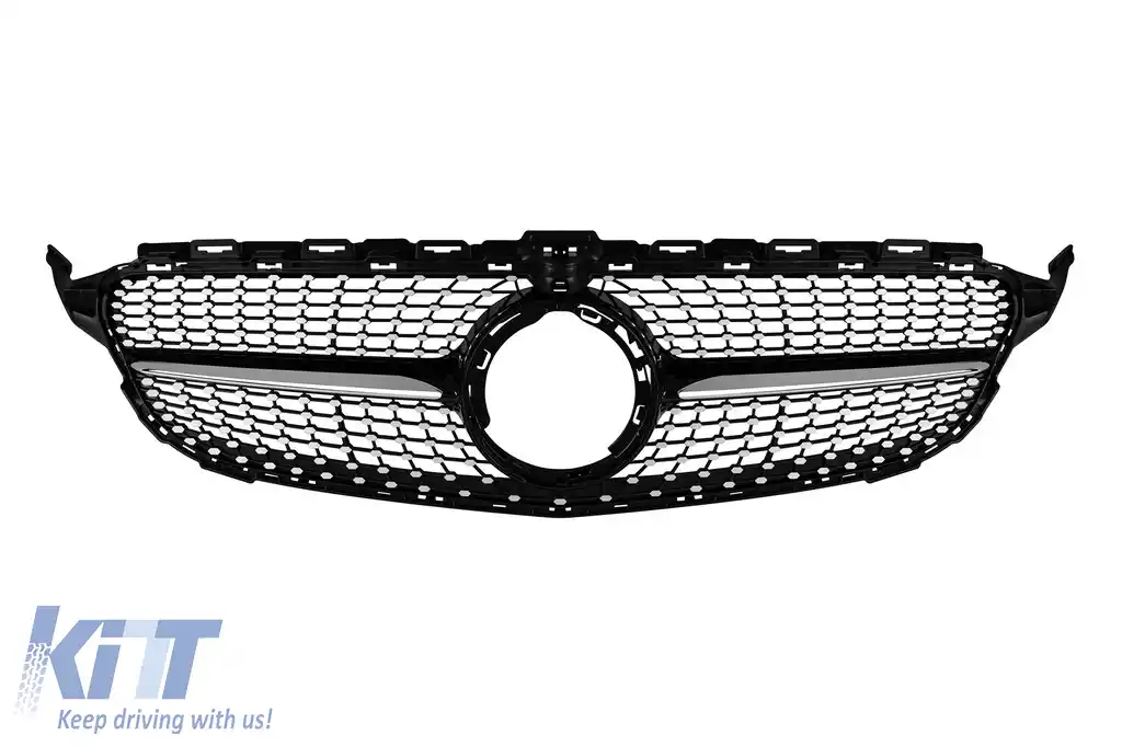 Grilă crom/neagră cu diamant, potrivită pentru Mercedes C-Class W205 sedan, S205 break, C205 coupe 2019-2020 cu deschidere pentru cameră