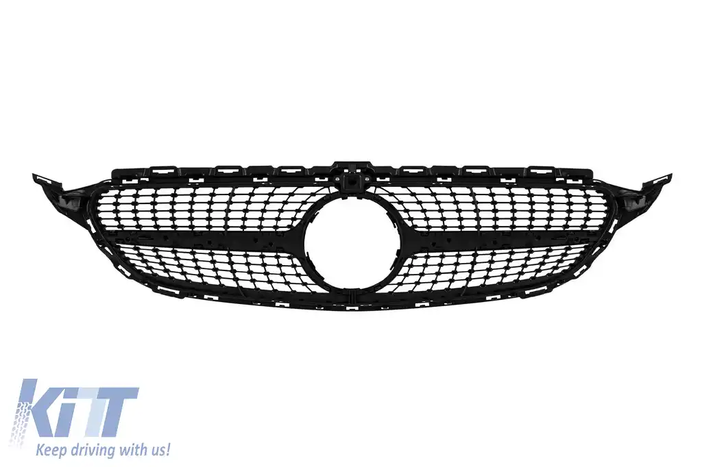 Grilă crom/neagră cu diamant, potrivită pentru Mercedes C-Class W205 sedan, S205 break, C205 coupe 2014-2018, cu deschidere pentru cameră-image-6236909