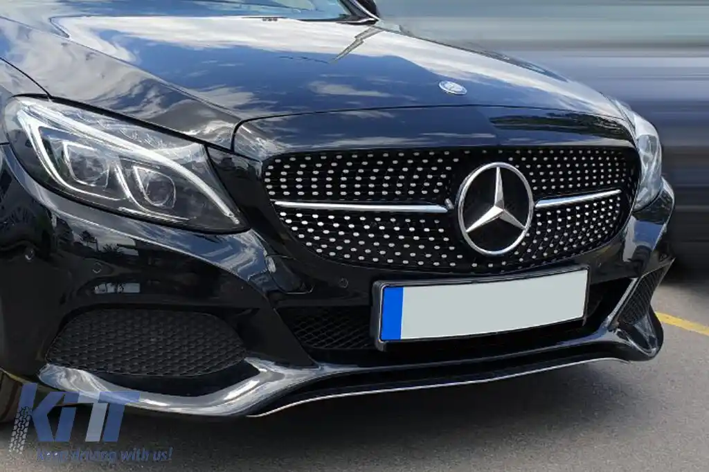 Grilă crom/neagră cu diamant, potrivită pentru Mercedes C-Class W205 sedan, S205 break, C205 coupe 2014-2018, cu deschidere pentru cameră-image-6236910