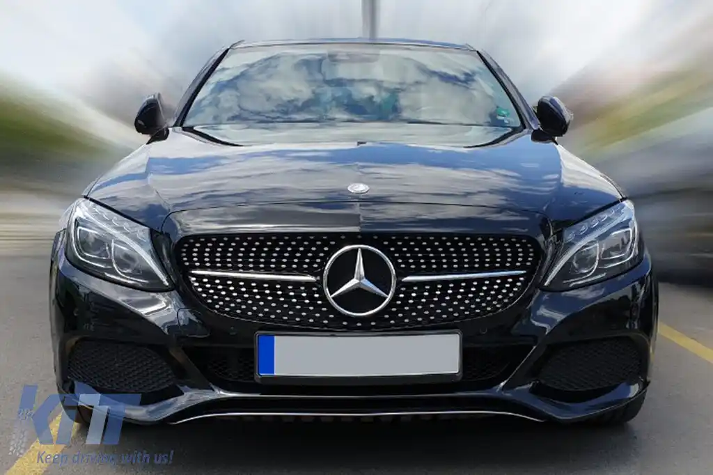 Grilă crom/neagră cu diamant, potrivită pentru Mercedes C-Class W205 sedan, S205 break, C205 coupe 2014-2018, cu deschidere pentru cameră-image-6236911