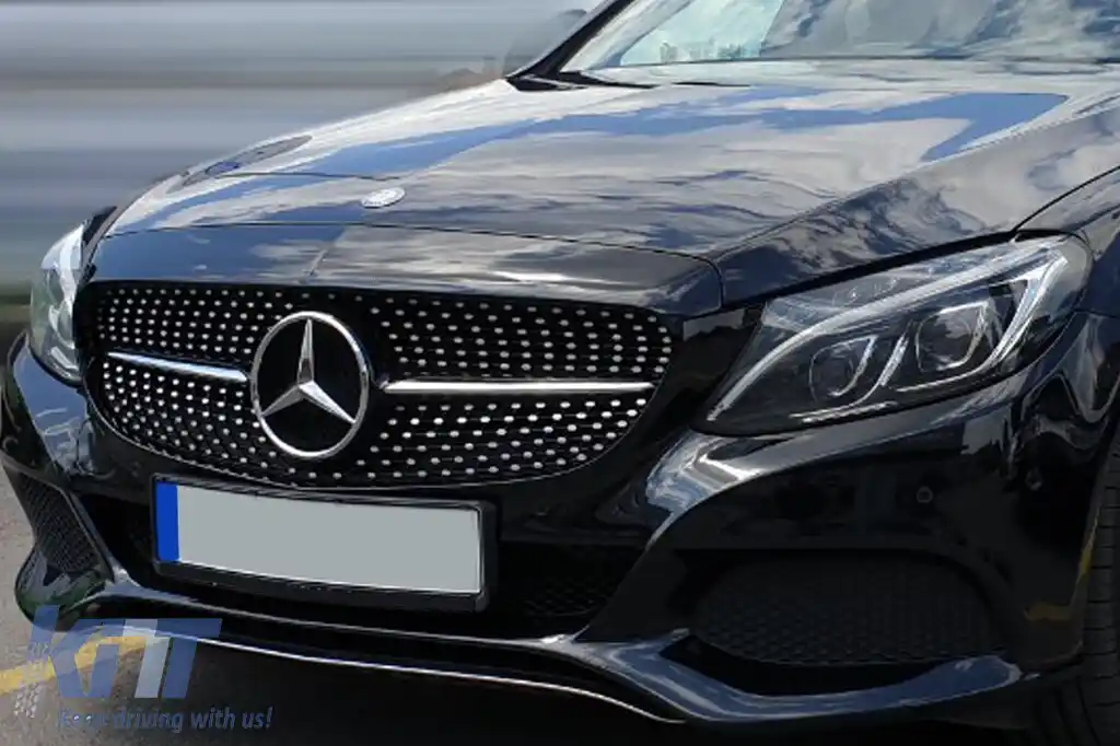 Grilă crom/neagră cu diamant, potrivită pentru Mercedes C-Class W205 sedan, S205 break, C205 coupe 2014-2018, cu deschidere pentru cameră-image-6236912