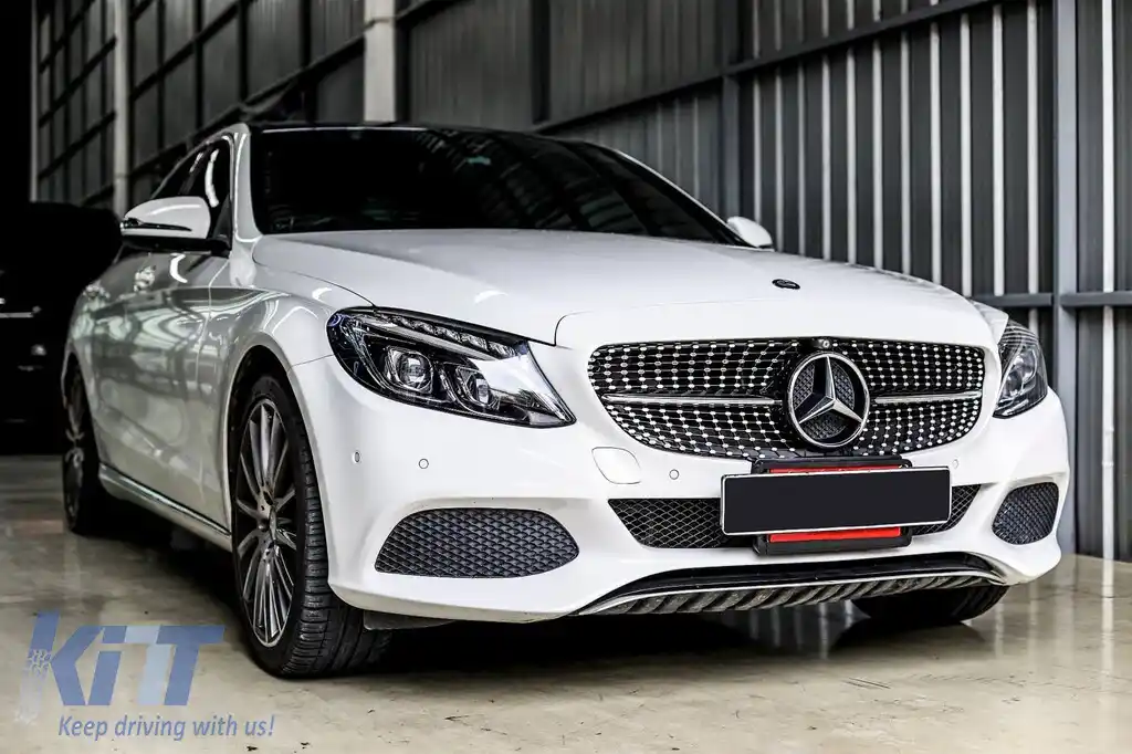 Grilă crom/neagră cu diamant, potrivită pentru Mercedes C-Class W205 sedan, S205 break, C205 coupe 2014-2018, cu deschidere pentru cameră-image-6236914