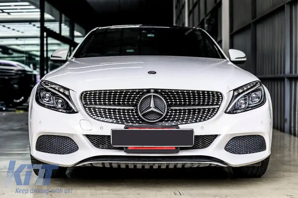 Grilă crom/neagră cu diamant, potrivită pentru Mercedes C-Class W205 sedan, S205 break, C205 coupe 2014-2018, cu deschidere pentru cameră-image-6236915