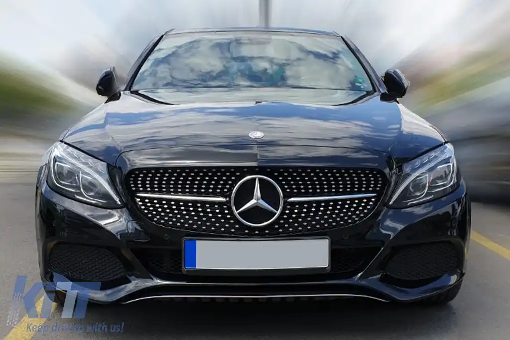 Grilă crom/neagră cu diamant, potrivită pentru Mercedes C-Class W205 sedan, S205 break, C205 coupe 2014-2018 fără deschidere pentru cameră-image-6236937