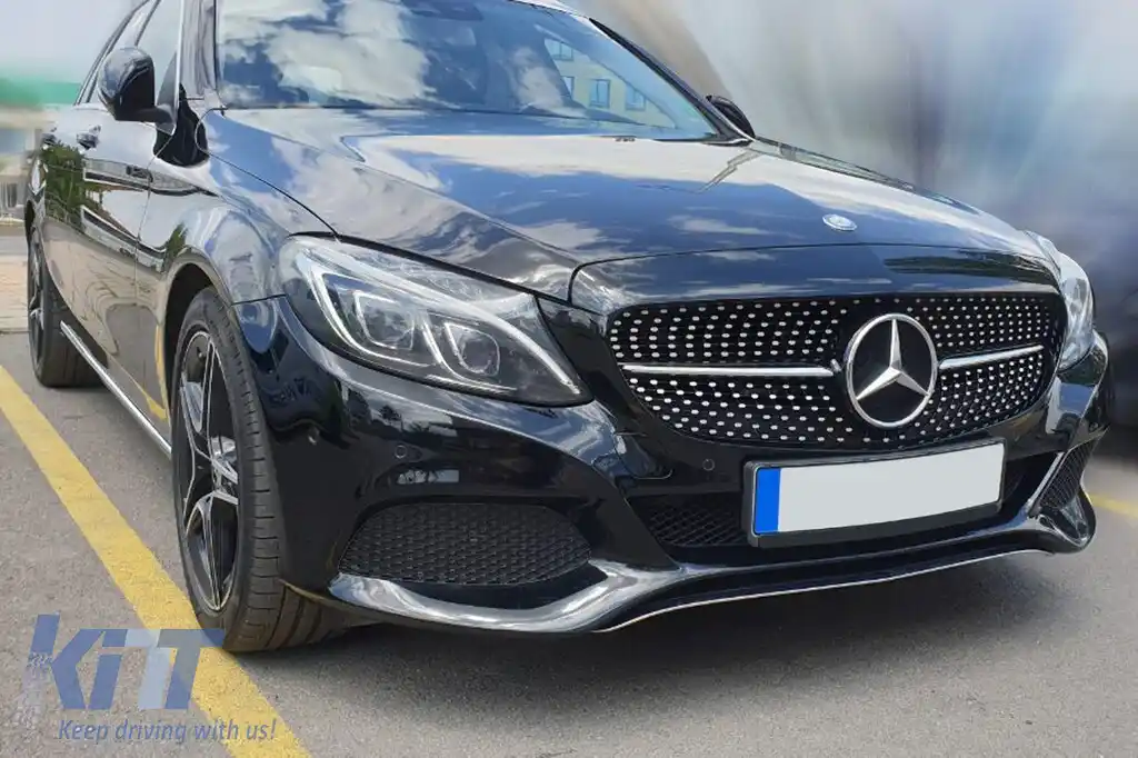 Grilă crom/neagră cu diamant, potrivită pentru Mercedes C-Class W205 sedan, S205 break, C205 coupe 2014-2018 fără deschidere pentru cameră-image-6236939