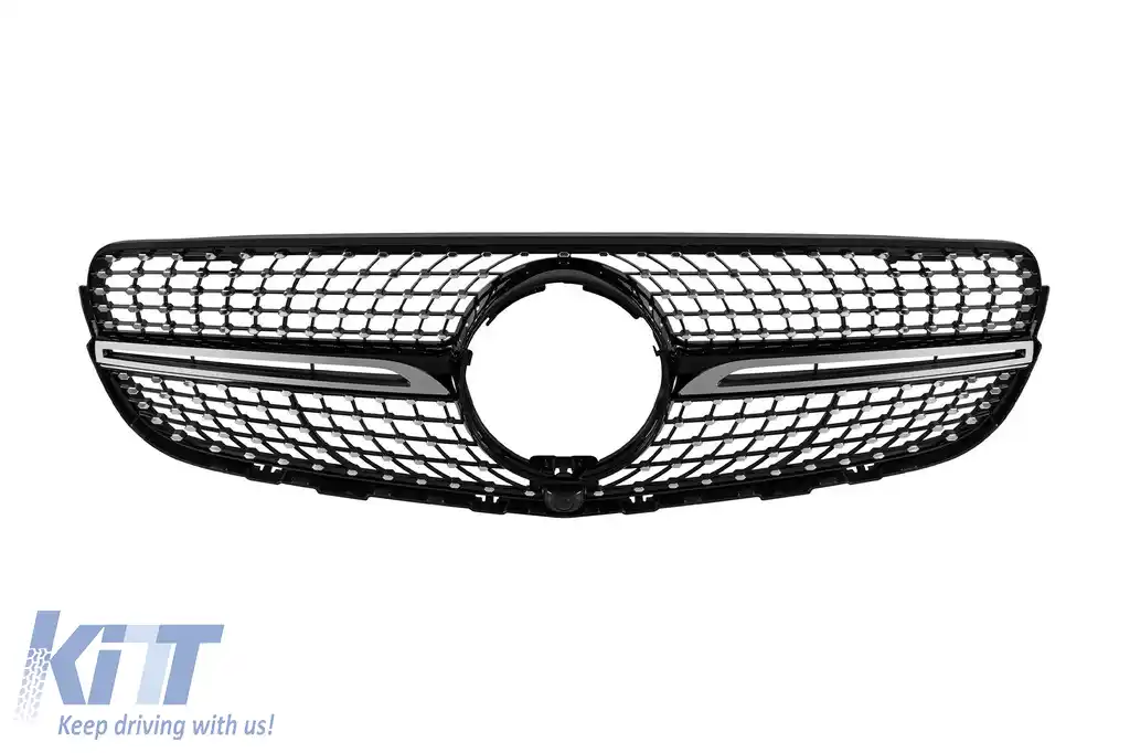 Grilă crom/neagră cu diamant, potrivită pentru Mercedes GLC SUV X253, GLC Coupe C253 2015-2018, cu deschidere pentru cameră