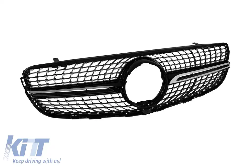 Grilă crom/neagră cu diamant, potrivită pentru Mercedes GLC SUV X253, GLC Coupe C253 2015-2018, cu deschidere pentru cameră-image-6236986