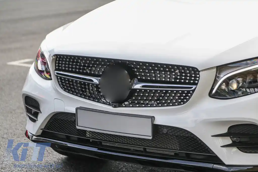 Grilă crom/neagră cu diamant, potrivită pentru Mercedes GLC SUV X253, GLC Coupe C253 2015-2018, cu deschidere pentru cameră-image-6236990