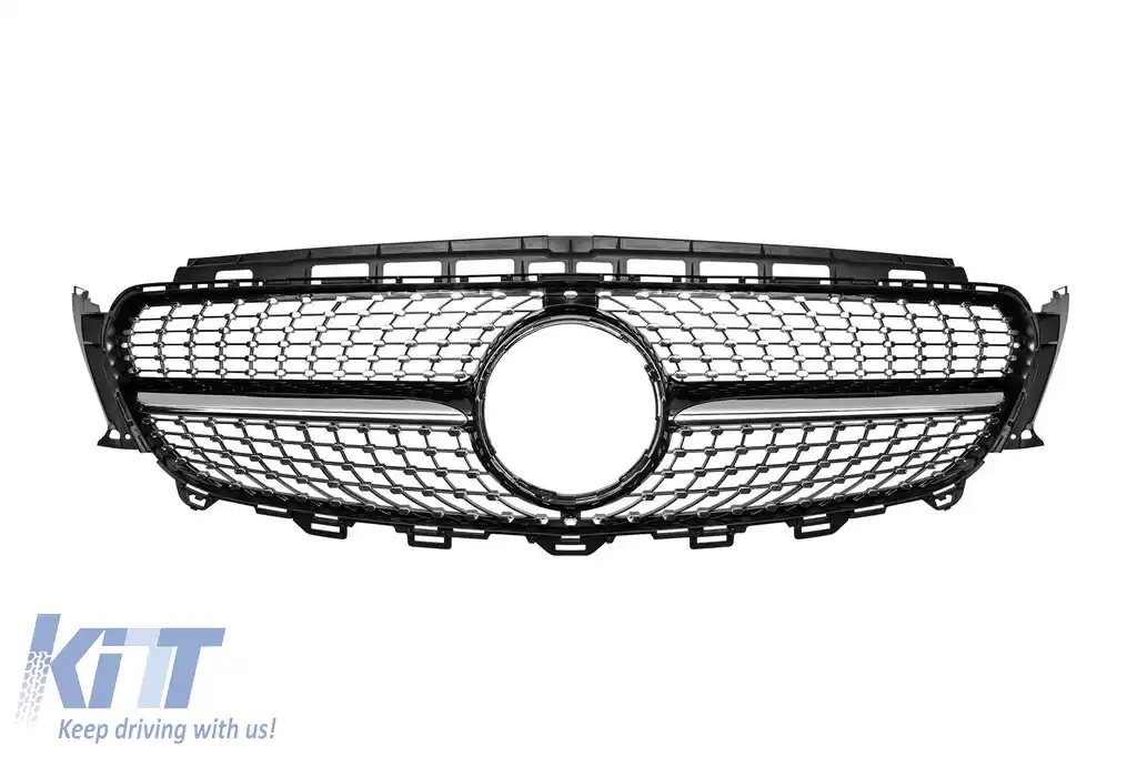 Grilă crom/neagră cu diamant, potrivită pentru Mercedes E-Class W213 sedan, S213 break, C238 coupe, A238 cabriolet 2016-2019 fără deschidere pentru cameră