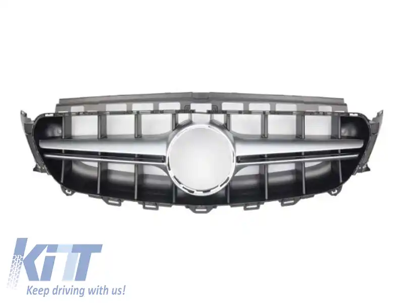 Grilă crom/negru mat tip E63 A Design potrivită pentru Mercedes E-Class W213 sedan, S213 break, C238 coupé, A238 cabriolet 2016-2019 cu deschidere pentru cameră