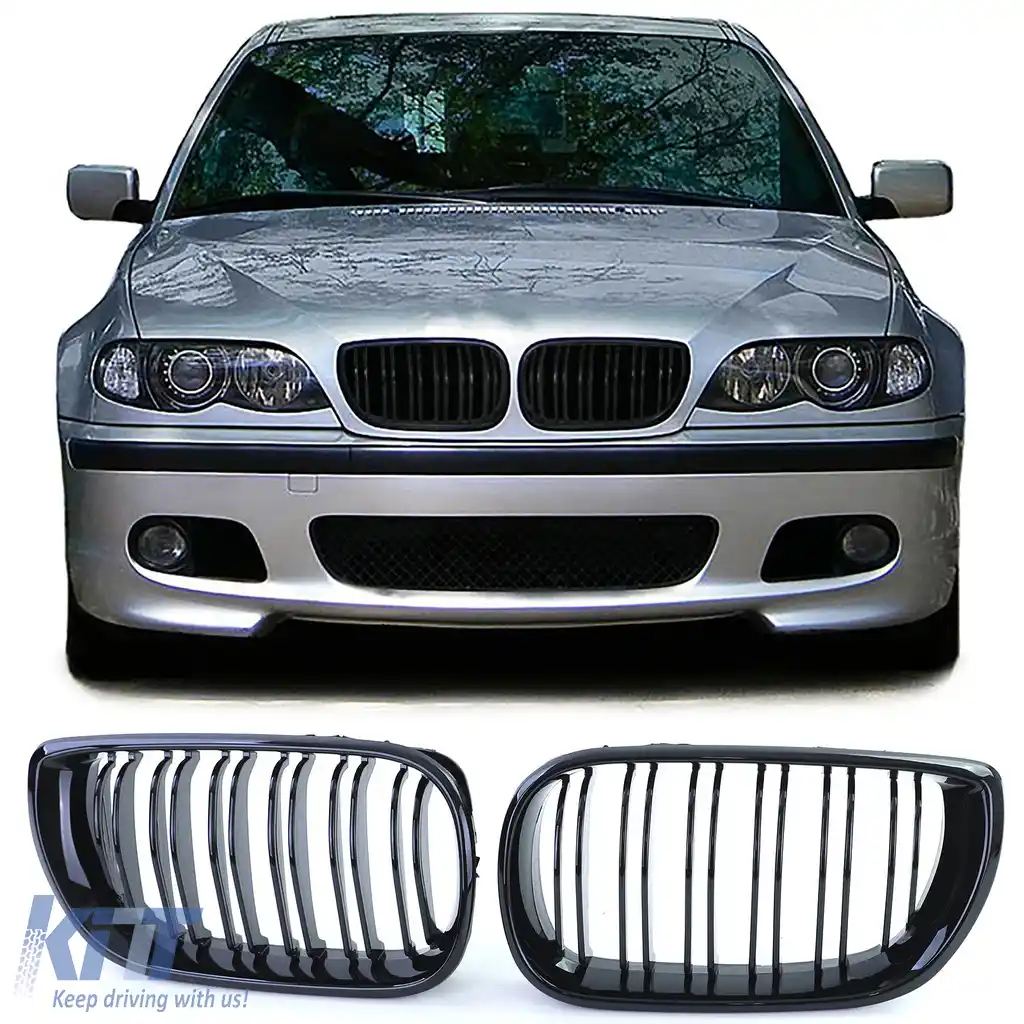 Grilă cu fante duble pentru performanță, negru lucios, potrivită pentru BMW Seria 3 E46 2001-2005