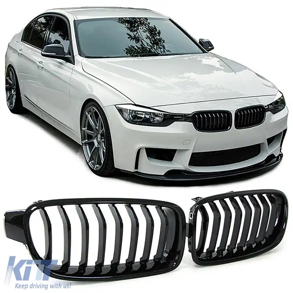 Grilă cu lame duble tip rinichi, performanță, negru lucios, potrivită pentru BMW Seria 3 F30 F31 2011-2019