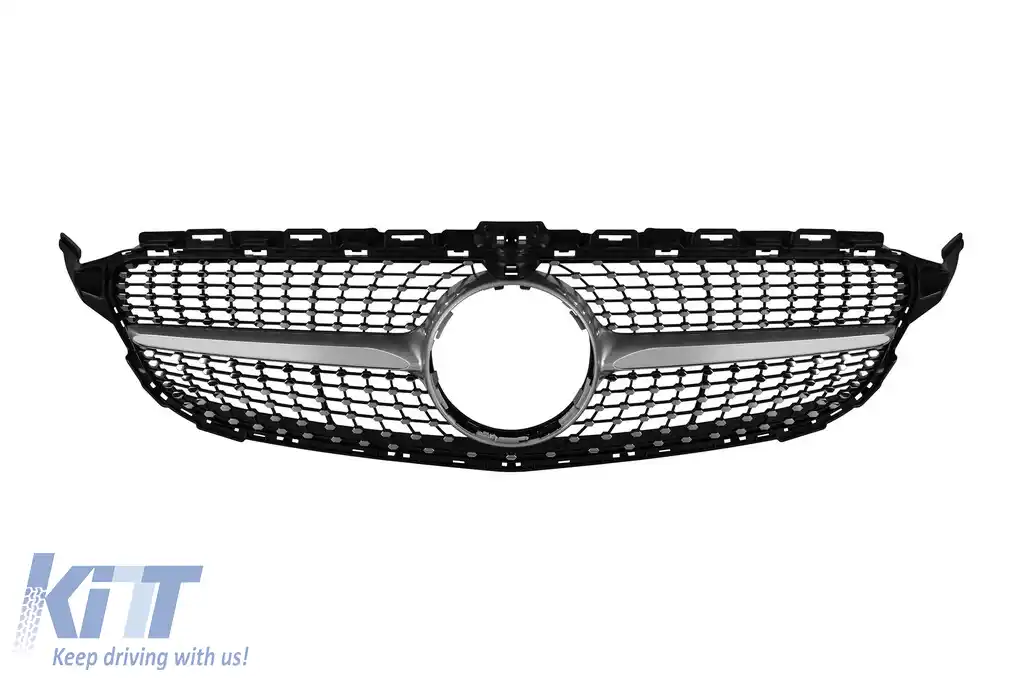 Grilă diamant cu crom/silver potrivită pentru Mercedes C-class W205 sedan, S205 estate, C205 coupe 2014-2018 cu orificiu pentru cameră