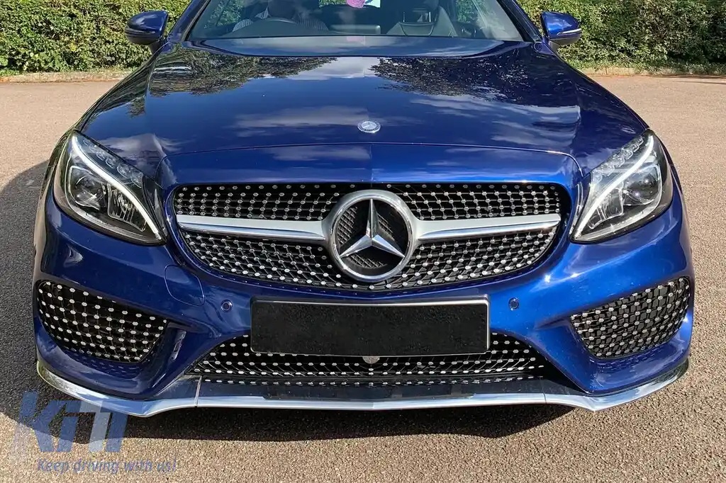 Grilă diamant cu crom/silver potrivită pentru Mercedes C-class W205 sedan, S205 estate, C205 coupe 2014-2018 fără orificiu pentru cameră-image-6236943