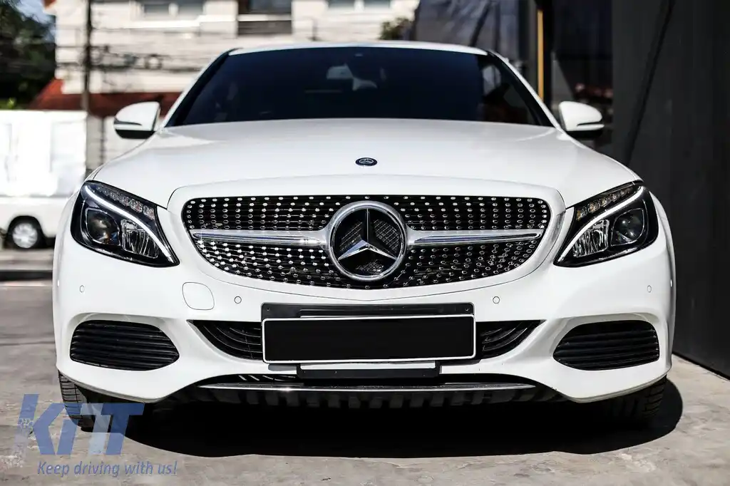 Grilă diamant cu crom/silver potrivită pentru Mercedes C-class W205 sedan, S205 estate, C205 coupe 2014-2018 fără orificiu pentru cameră-image-6236944