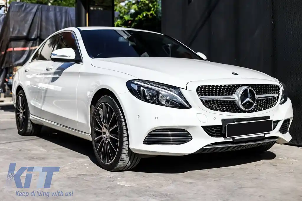 Grilă diamant cu crom/silver potrivită pentru Mercedes C-class W205 sedan, S205 estate, C205 coupe 2014-2018 fără orificiu pentru cameră-image-6236945